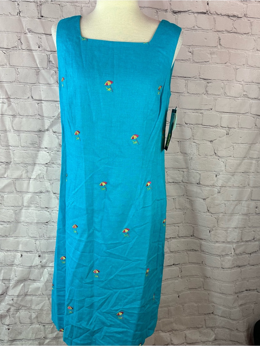 vtg NWT Lennie LNY Turquoise linen blend Shift Dress beach Umbrella Embroidery 8
